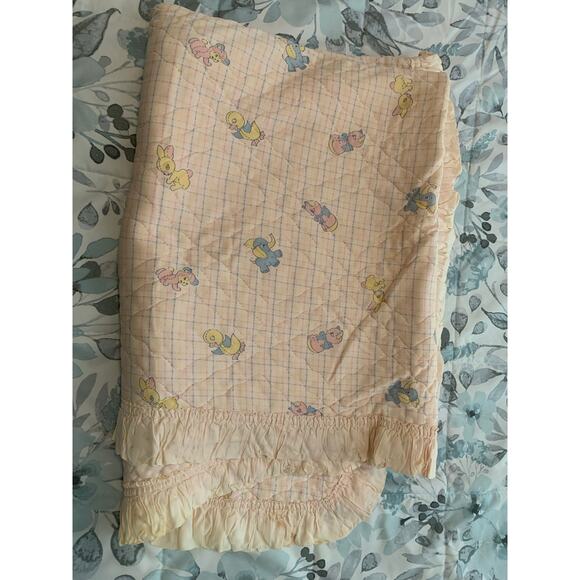 Vintage Baby Quilt Blanket – Pastel Animals, Quilted, Satin Trim – 1980s Style - Picture 4 of 7